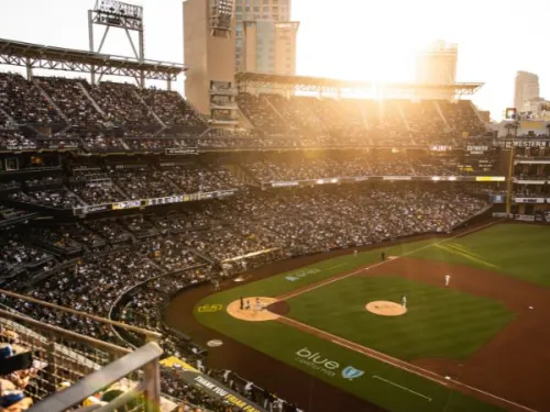 Golden hour sun coming in during a San Diego Padres game at Petco Park