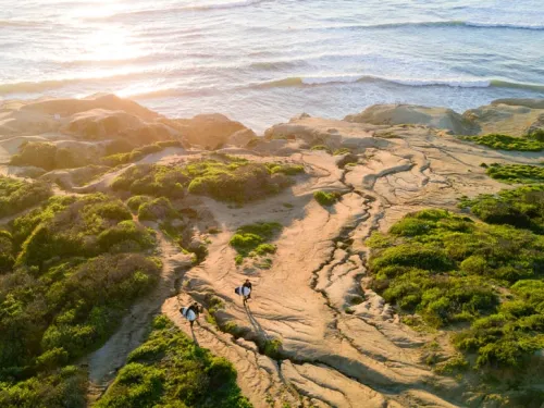 Aerial view of golden hour at Sunset Cliffs overlooking the ocean of San Diego, CA