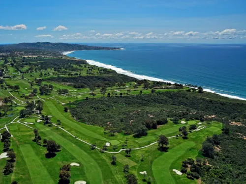 Aerial view of Torrey Pines Golf Course and the ocean in San Diego's neighborhood La Jolla