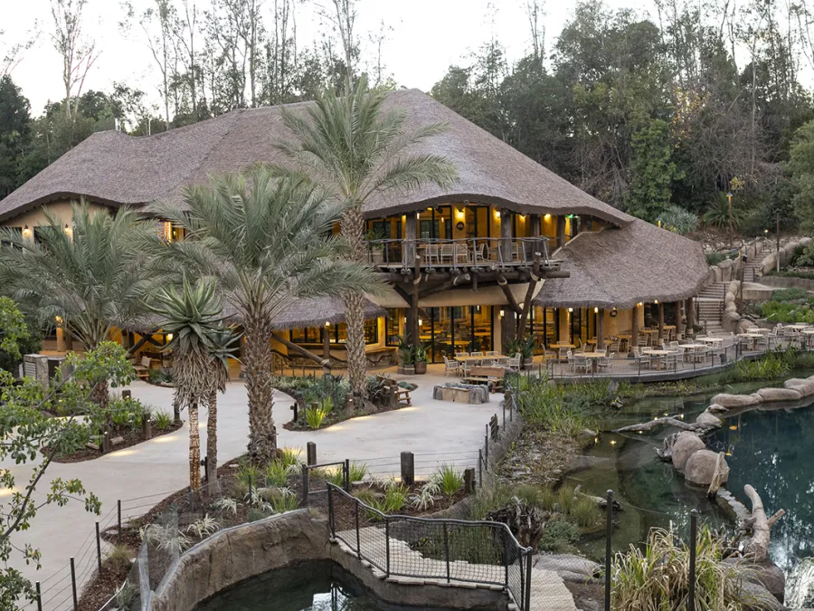 Exterior view of Mkutano House in Elephant Valley at the San Diego Zoo Safari Park, featuring a thatched‑roof lodge surrounded by lush landscaping, water features, outdoor seating, and elevated walkways overlooking the habitat.