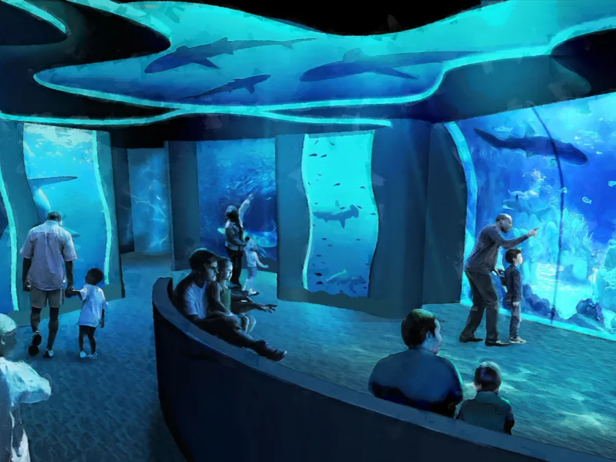 Under the ocean experience rendering for SeaWorld San Diego's all new Shark Encounter with visitors observing marine life through large glass panels.