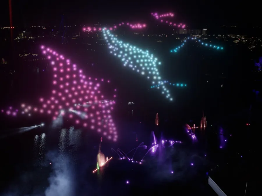 Colorful drone light display of manta rays above a dark waterfront at night.