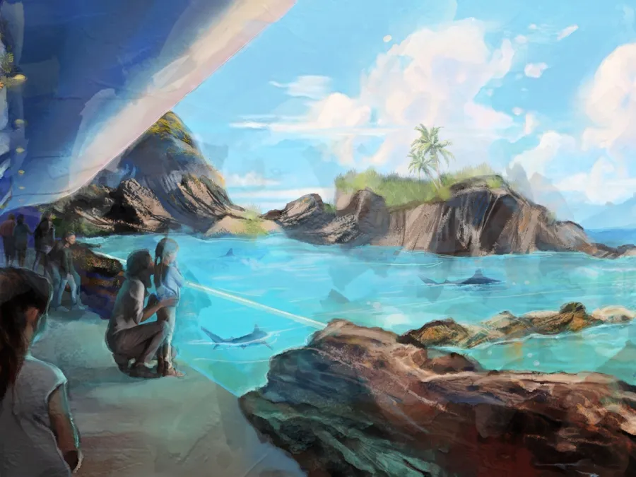Conceptual art of a the all-new Shark Encounter at SeaWorld San Diego with people observing marine life and clear blue water.