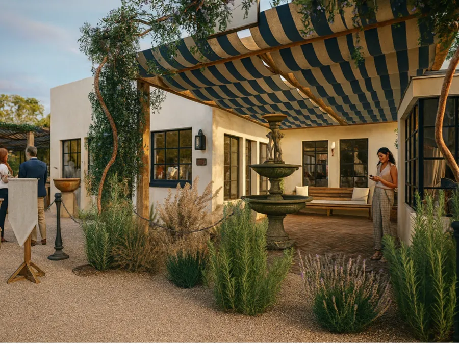 Rendering of The Admiral at Liberty Station featuring a cozy outdoor setting with a fountain, rustic architecture, and people socializing under striped awnings.
