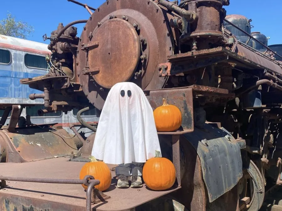 A vintage steam locomotive with a white ghost decoration and two orange pumpkins.
