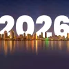 San Diego Skyline with lights in holiday colors with 2026 superimposed over the sky