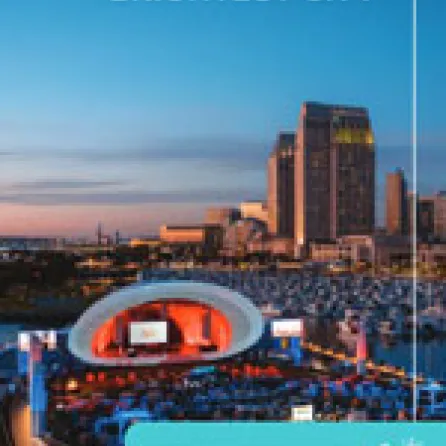 A view of San Diego at sunset with marina, tall buildings, and an outdoor stage; text reads "Meet America's Brightest City.