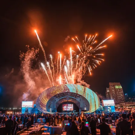Fireworks over the Rady Shell at Jacobs Park during an event in San Diego