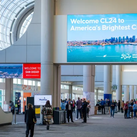 Convention Center demo ad placements with a big led screen welcoming visitors to an event at the the San Diego Convention Center