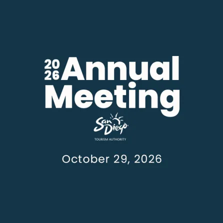 2026 Annual Meeting details with date and San Diego logo on a dark background.